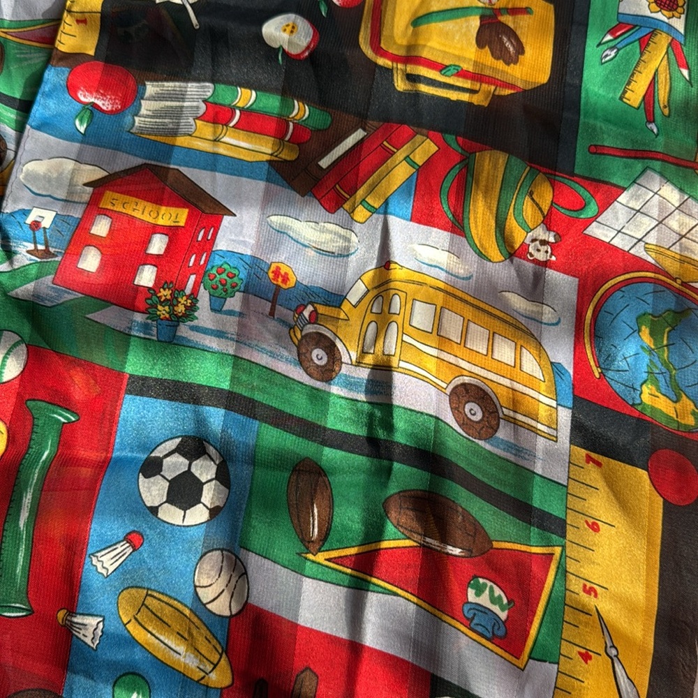 Colorful retro scarf, school-themed print, eco-friendly fabric. Made in Korea